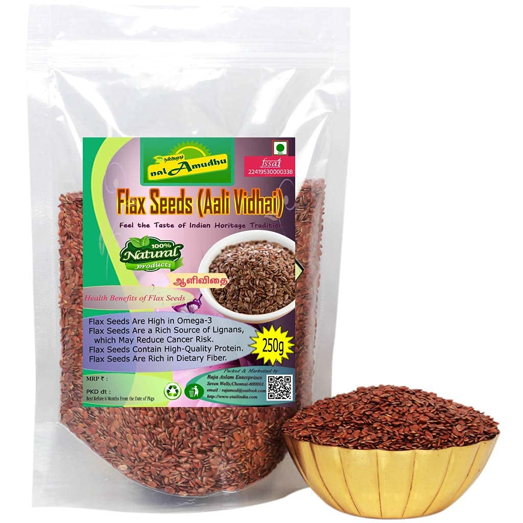 nalAmudhu Raw Semillas de Flax natural marrón sin alargar con altos valores nutricionales 250g