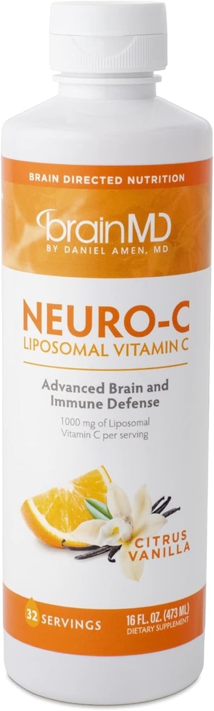 BRAINMD por Dr Amen Neuro-C, Citrus Vanilla - 16 fl oz - 1000 mg Liposomal Vitamina C - Advanced Brain &amp; Immune Defense - Gluten Free - 32 Servings