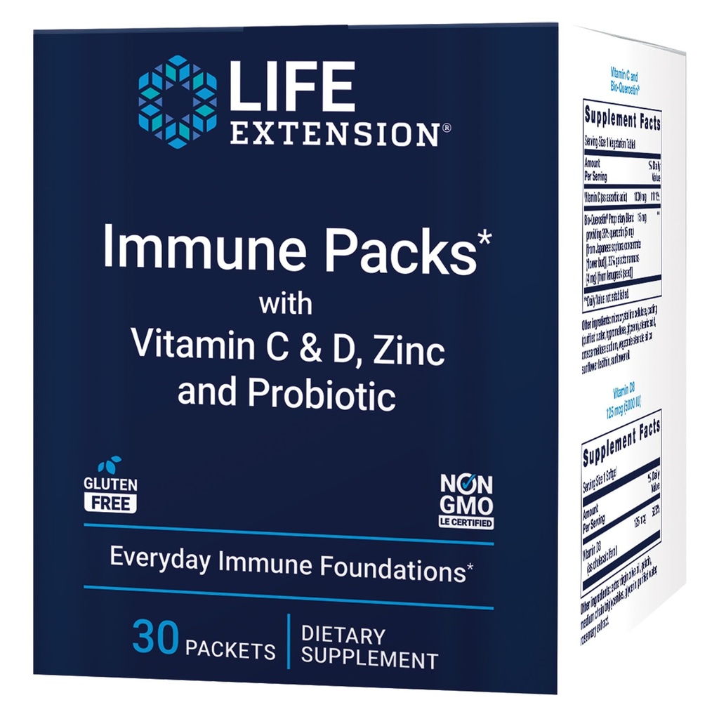 Extensión de vida - Paquetes inmunitarios con vitamina C " D, zinc y probiótico (30 paquetes)