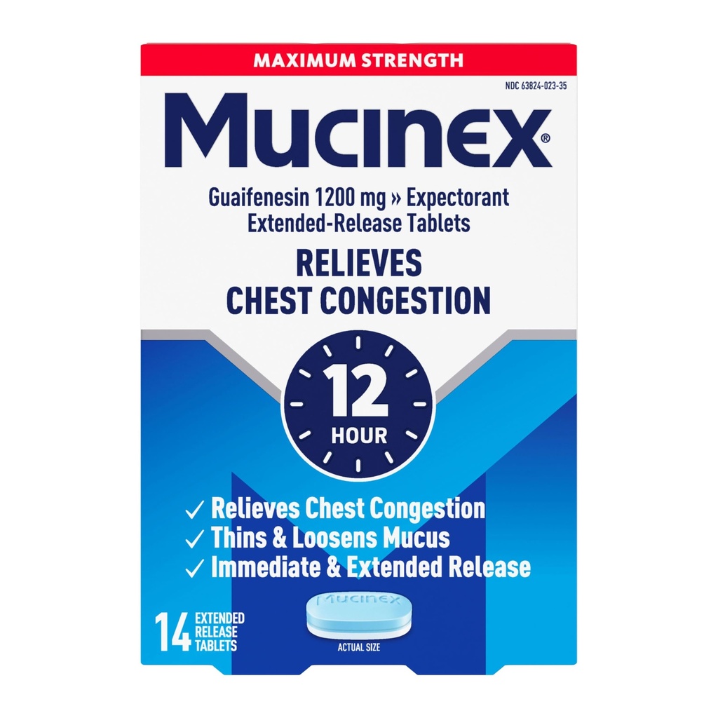 Mucinex Chest Congestion, máxima fuerza 12 horas Extended Release Tablets, 14ct, 1200 mg Guaifenesin with Extended Relief of Chest Congestion Caused by Excess Mucus, Thins and flons Mucus