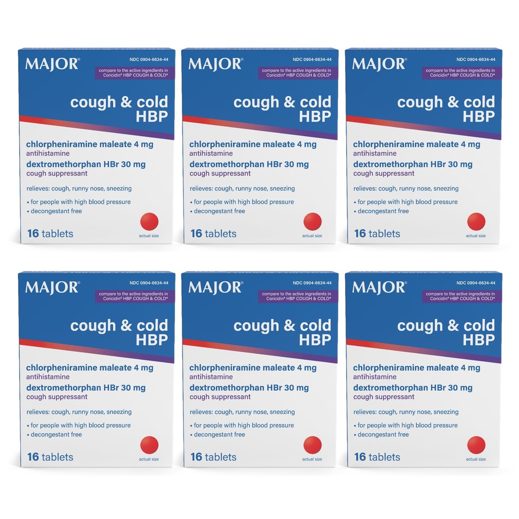 MAJOR Cough and Cold HBP Tablets - Antihistamine and Cough Suppressant for People with High Blood Pressure - Dextromethorphan HBr, Chlorpheniramine Maleate - 16 Count (6 Pack)