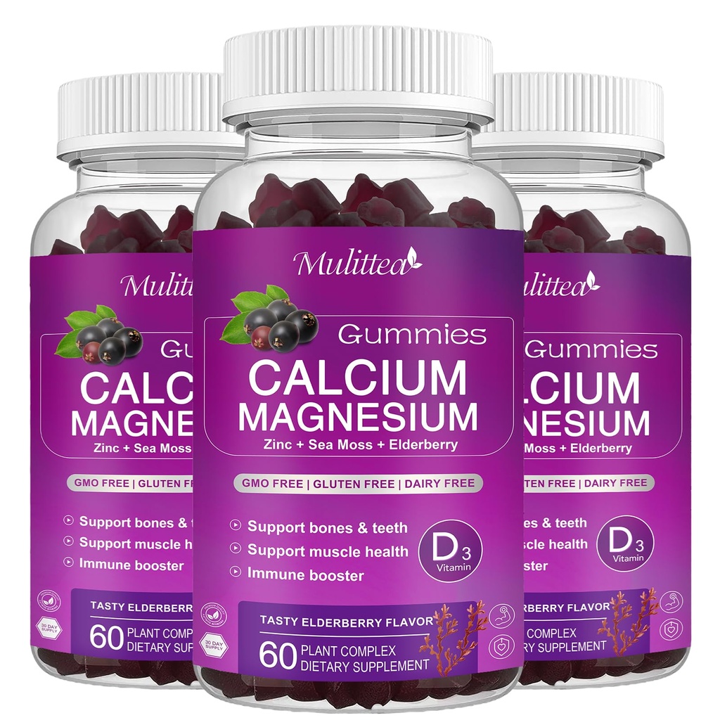 Calcium Magnesium Zinc Gummies with High Absorption Magnesium Glycinate 200mg, Potassium -Plant Calcium Supplement w/ D3 & Sea Moss for Bone, Muscles, Calm Mood & Sleep Support- Kids & adults (3 Pack)
