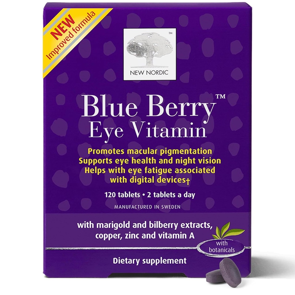 NEW NORDIC Blue Berry Eye Vitamin Lutein Supplement with Zinc, Supports Macular Pigmentation, Eye & Vision Function, 120 Tablets (Pack of 1)