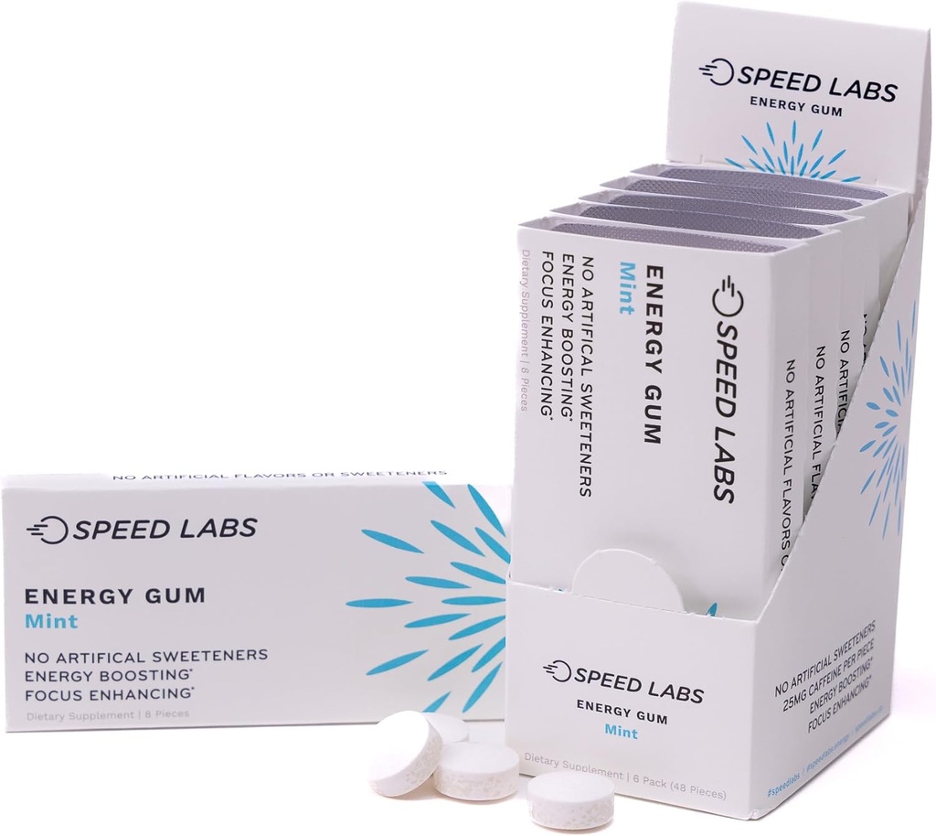 Laboratorios de Velocidad Mint Natural Caffeine Energy Gum 25mg Caffeine, Taurine, B Vitaminas Por Pieza, 48 Cantidades (6 Packs de 8) Sugar Gratis, Cero Calories, Naturalmente Endulzado, Gluten Gratis