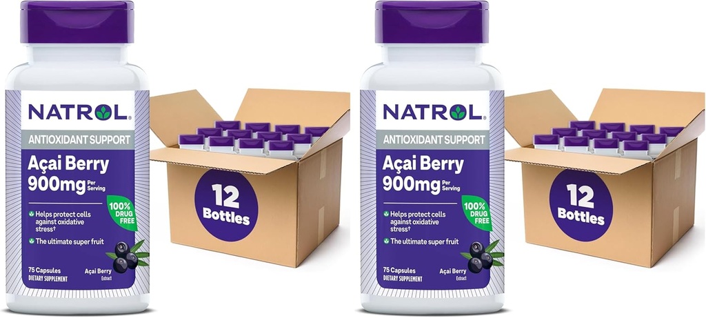 Natrol Acai Berry, Dietary Supplement, Antioxidant Protection & Defense, The Ultimate Super Fruit, 1,000 mg Veggie Capsules, 75 Count (Pack of 24)