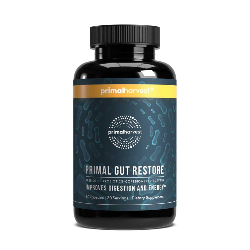 Primal Harvest Restore for Gut Health, Primal Gut Restore w/POSTbiotics, PREbiotics and PRObiotics for Women and Men, 60 CT - Digestion, Colon Cleanse, Immunity Support - Helps Leaky Gut Repair