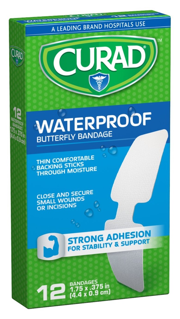 Bandas adhesivas de mariposa resistente al agua de Curad, 1,75" x .375", 12 Conde