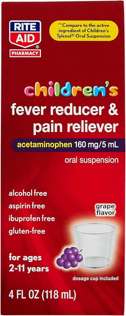 Rite Aid Acetaminophen para niños, Grape Flavor, 160 mg - 4 fl oz tóxico Dolor Alimentador y Fiebre Reductor Silencio para niños Medicina fría tóxica para los años 2-11 años de edad