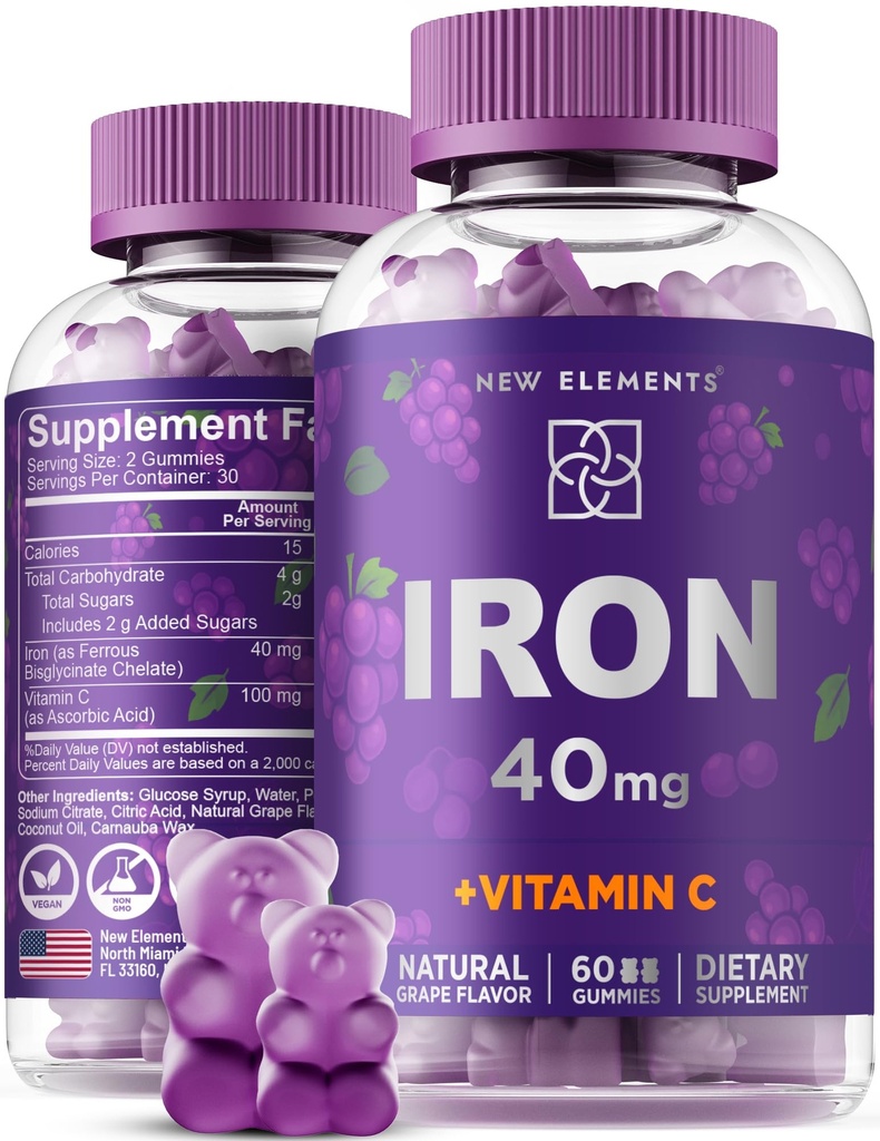 Iron Gummies 40mg con vitamina C 100mg – Mejor suplemento de hierro para mujeres, hombres y adultos – Free Blood Builder for Anemia – Immune Support & Energy Booster ← Fruit Pectin ← Vegan 