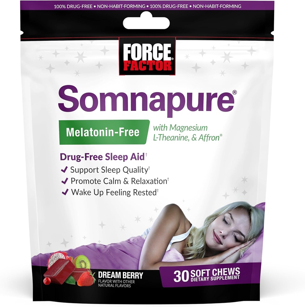 Force Factor Somnapure Melatonin-Free Soft Chews, Sleep Aid to Improve Sleep Quality, Sleep Aids for Adults with Affron, Magnesium, L-Theanine, Chamomile, Lemon Balm, Dream Berry Flavor, 30 Soft Chews