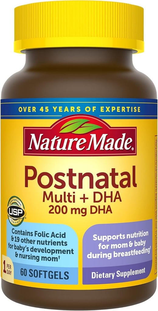 Multivitamina posnatal + DHA 200 mg, 60 Softgels, para apoyar a las madres de enfermería " bebés durante la lactancia materna, vitaminas postnatales " Nutrientes Incluye hierro, vitamina D3, calcio, yodo