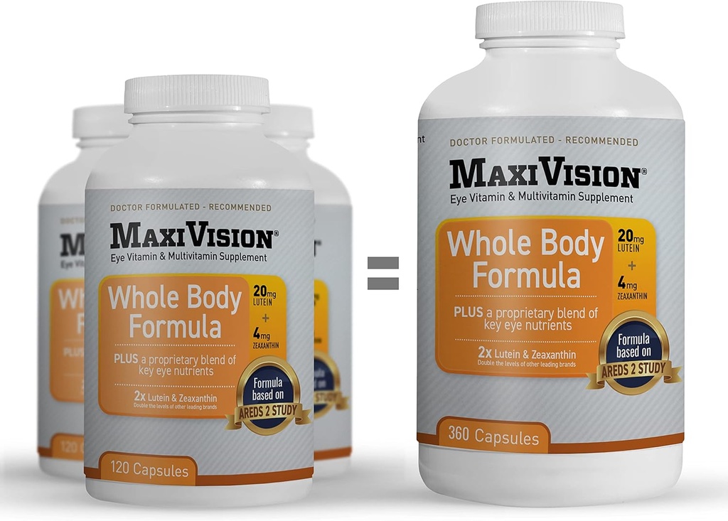 MaxiVision® AREDS 2 Full Body Formula - AREDS 2 Eye Vitamins w/Lutein y Zeaxanthin - para soporte Macular - Suplementos Ojos para Estreno Ocular - 360 cápsulas Cuenta (360 cápsulas 1 botella)