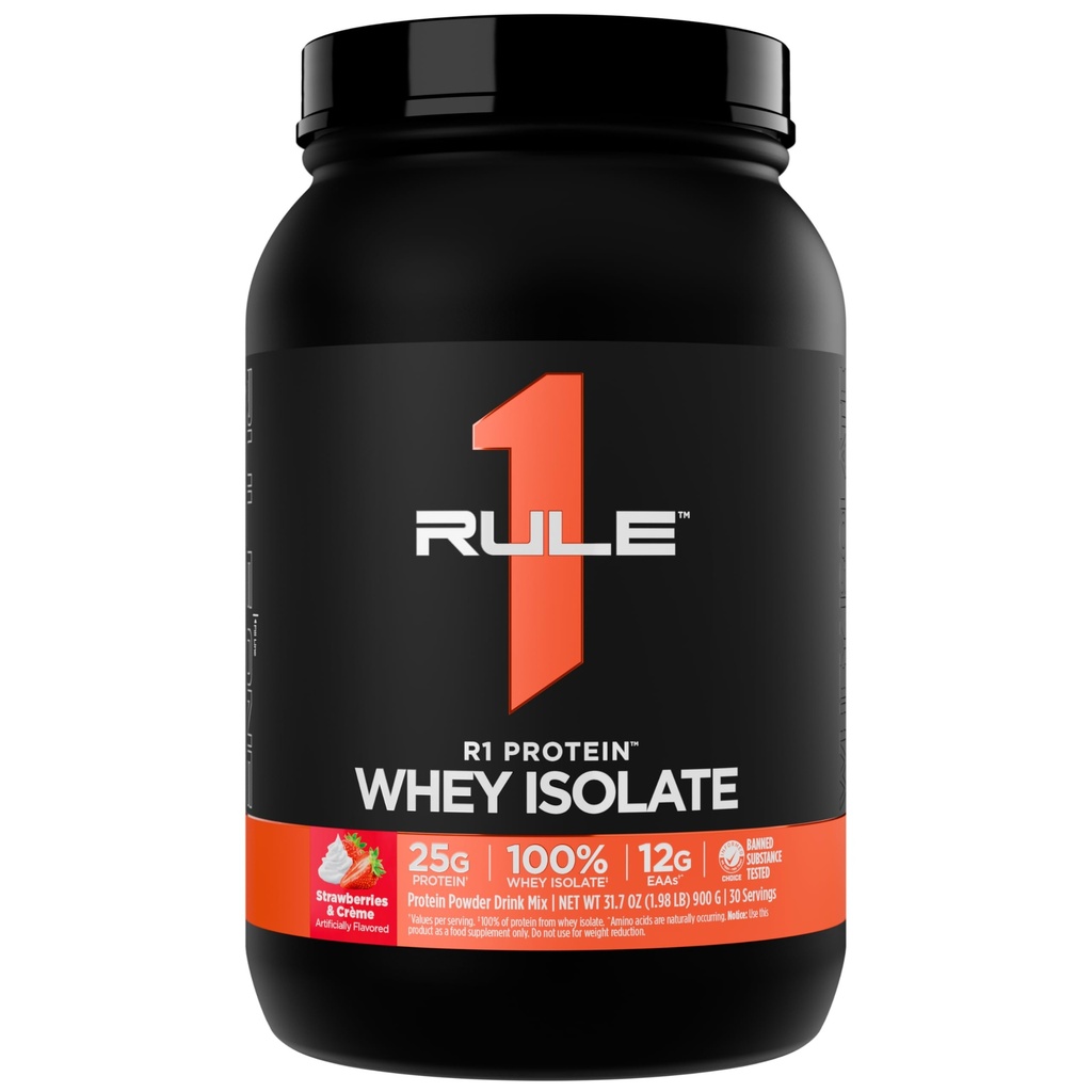 Regla 1 R1 Proteína Whey Isolate - con 25g Protein &amp; 6g BCAA Exclusivamente de las fuentes hidrolizadas de recuperación de entrenamiento (2 libras*, Strawberries & Crème)
