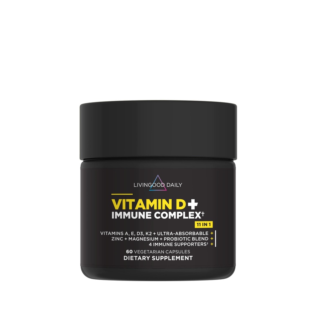 Livingood Daily Vitamin D + Complejo Immune, Hecho con Vitamina D3 K2, Zinc, Magnesio, Vitaminas E &amp; A y Probióticos, Suplemento de Apoyo Inmunitario, Absorción Avanzada, Gratuita de gluten, No GMO, 60 cápsulas