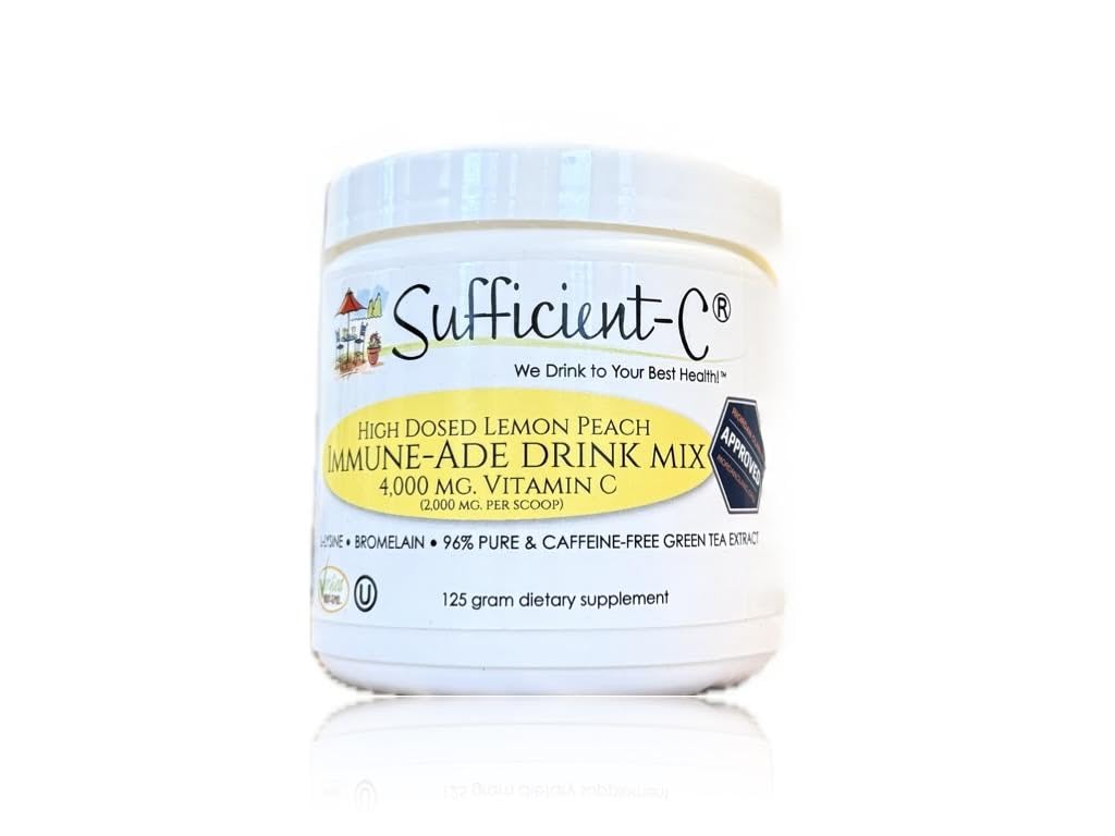 Sufficient-C High Dose Non-GMO Vitamin C Lemon Peach Immune-Ade Drink Mix, Conveniente 125 Gram Size w/L-lysine, Bromelain &amp; a Premium 96% Pure Green Tea Extract - Stomach Friendly, Adrenal Supportive