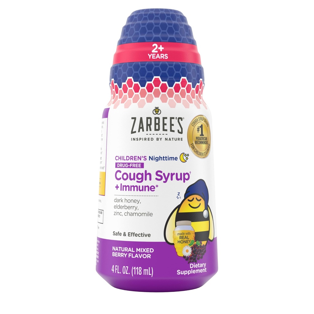 Zarbee's Children's Nighttime Honey Cough Syrup + Immune for Kids 2+, Cough Syrup with Soothing Dark Honey, Real Elderberry, Vitamin D & Zinc, " Chamomile, Drug-Free, Mixed Berry, 4 fl. oz