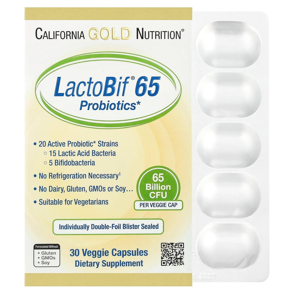 LactoBif Probiotics, 65 Bllion CFU, 20 Active & Clinically Researched Probiotic Strains, Soy-Free, Sugar-Free, Vegetarian, Individually Double-foil Blister Sealed, 30 Veggie Capsules