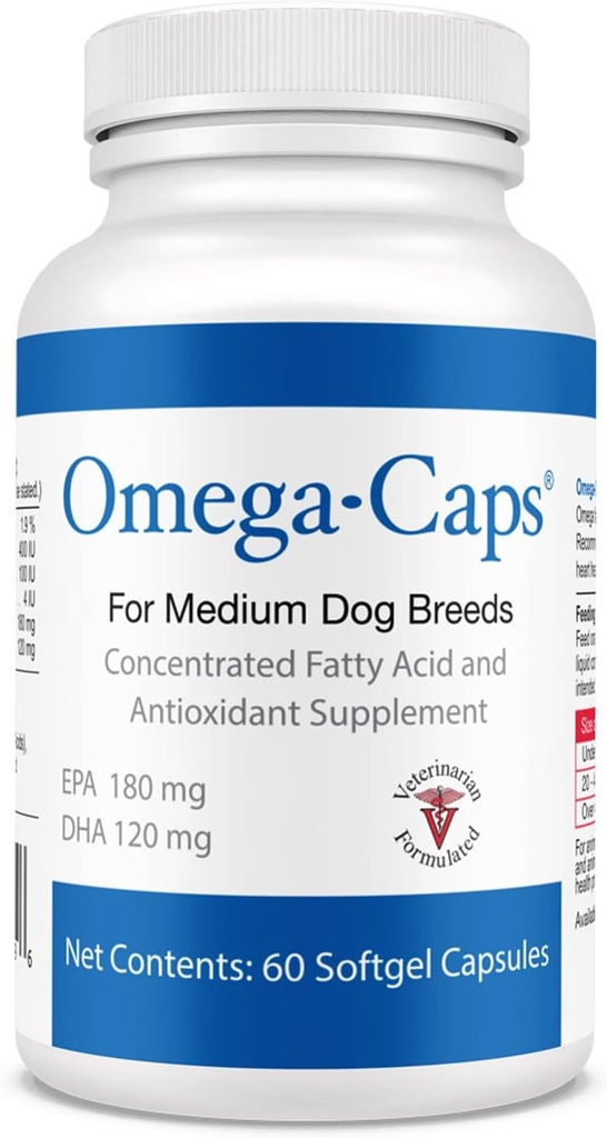 Omega-Caps For Medium Dog Breeds - Omega 3, Vitamins, Minerals, Antioxidants - Support Immune System, Joints, Heart, and Brain - 60 Softgel Capsules