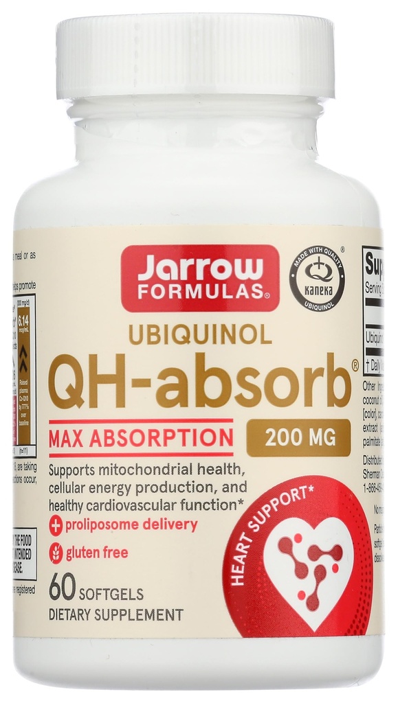 Fórmulas Jarrow QH-absorb 200 mg - 60 Softgels - Alta Absorción Co-Q10 - Forma Antioxidante Activa de Co-Q10 - Apoyos Producción de Energía Mitocondrial y Salud Cardiovascular - 60 Serviciones