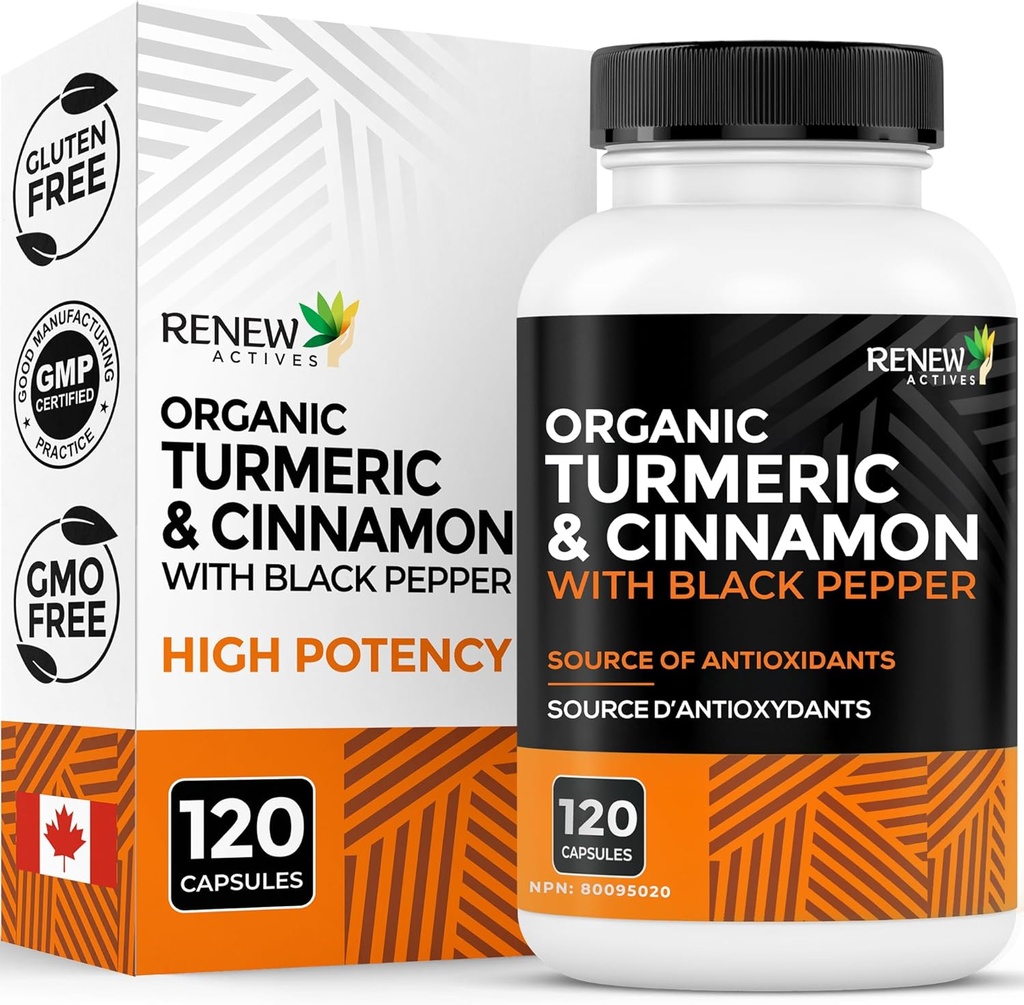 Renovar Activos Turmeric Orgánica 474MG & Cinnamon 50MG por 2 cápsulas – con Curcumin " BioPerine for Absorption – apoya el metabolismo, la salud conjunta y la digestión – Hecho en Canadá – 120 cápsulas