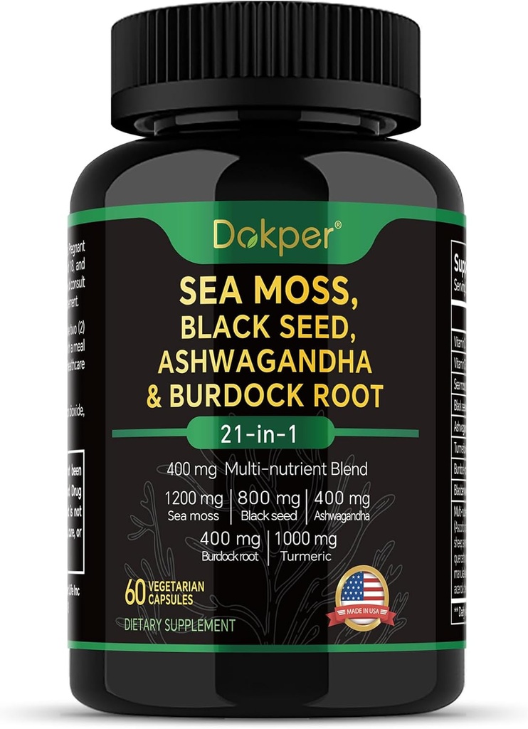Sea Moss, Ashwagandha, Black Seed Oil Supplement, Vitamin C & D3 with Turmeric, Bladderwrack & Burdock Root, Natural Herbal Support for Men & Women 60 Capsules, Dietary Supplements, Pack of 1