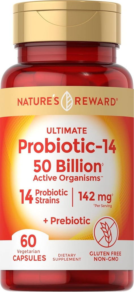 Probiotics with Prebiotics - 60 Capsules - 142 mg - 50 Billion Active Organisms - Vegetarian, Non-GMO & Gluten Free Supplement - by Nature's Reward