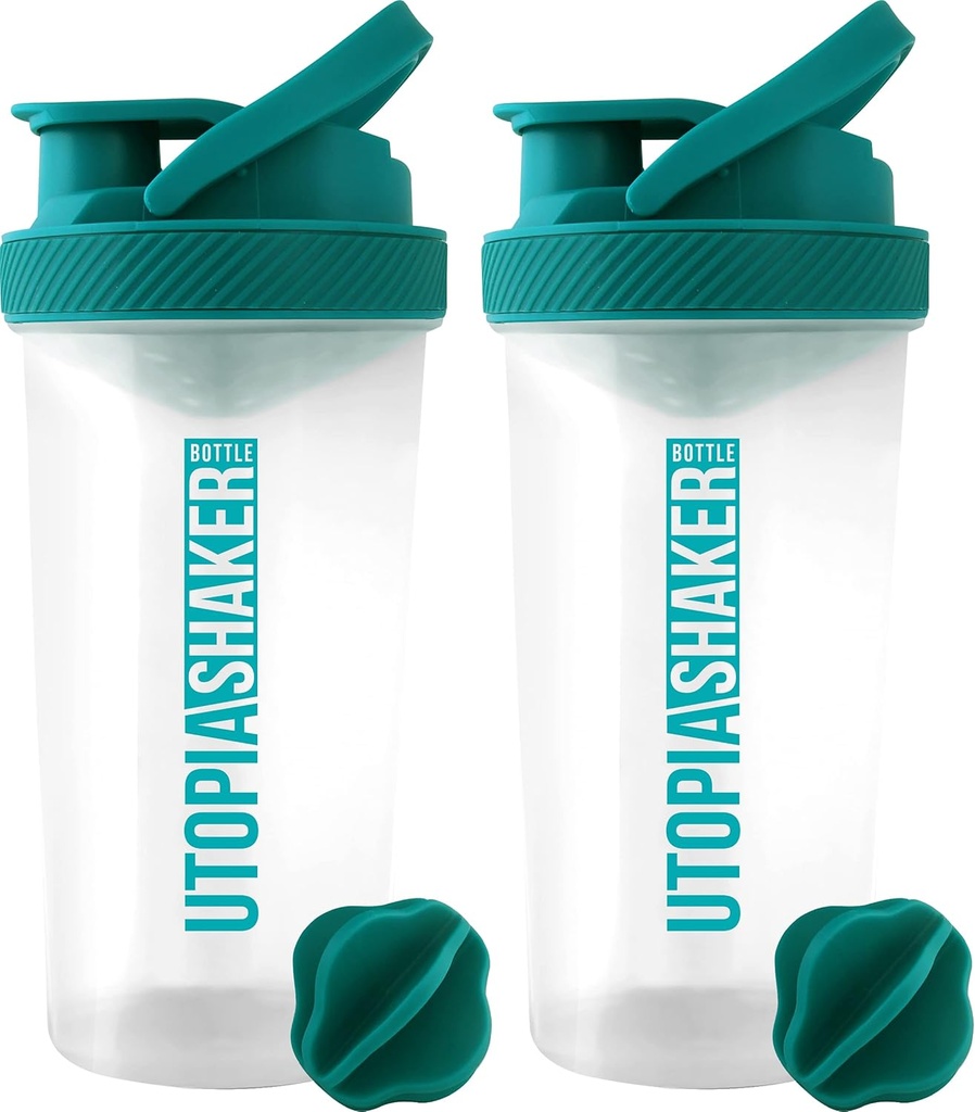 Utopia Home Protein Shaker Botella - (Pack of 2) 28-Ounce Botellas Shaker Para Mezclas Protein - Fitness Sports Classic Protein Mixer Botella (Clear/Teal)