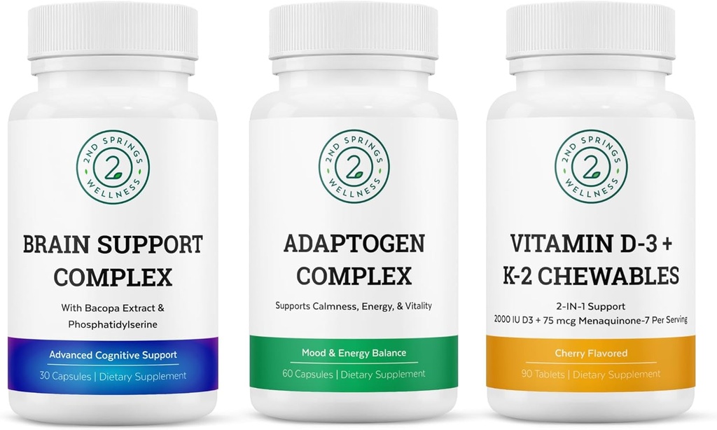 Vitality & Mind Wellness Trio Bundle - Complejo de Apoyo al Cerebro, Complejo Adaptógeno y Vitamina D3+K2