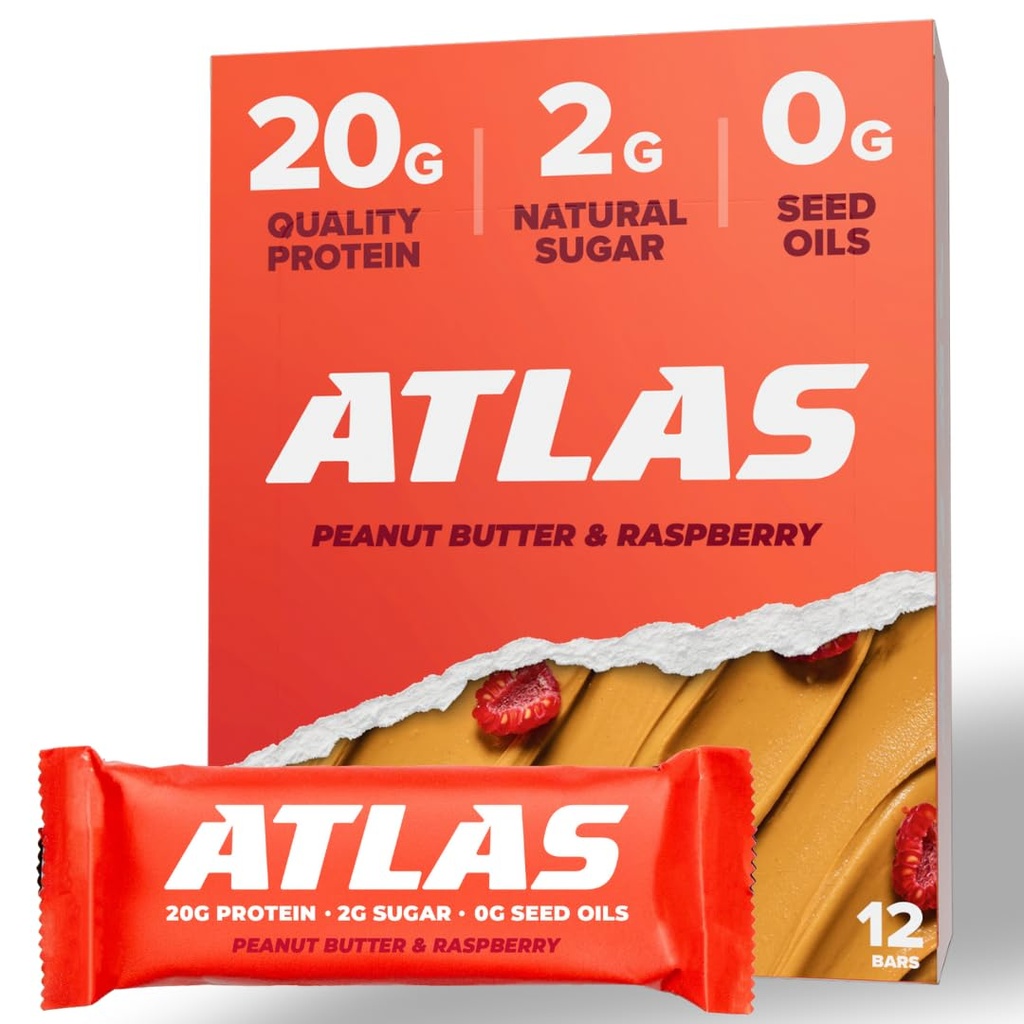 Atlas Protein Bar, 20g Protein, 1g Azúcar, Ingredientes Limpios, Gluten Free (Peanut Butter Raspberry, 12 Conde (Pack of 1))