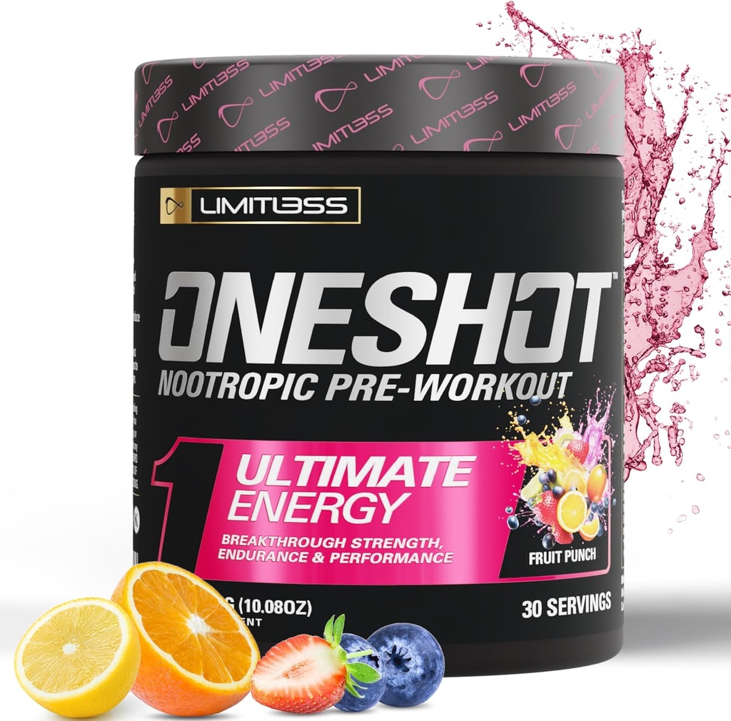 Oneshot Pre Workout Powder para Hombres y Mujeres - BCAAS Aminoácidos Suplemento Polvo, 200 mg de cafeína, Beta Alanine Powder, Citrulline Malate Preworkout Powder - Fruit Punch - 30 Servings