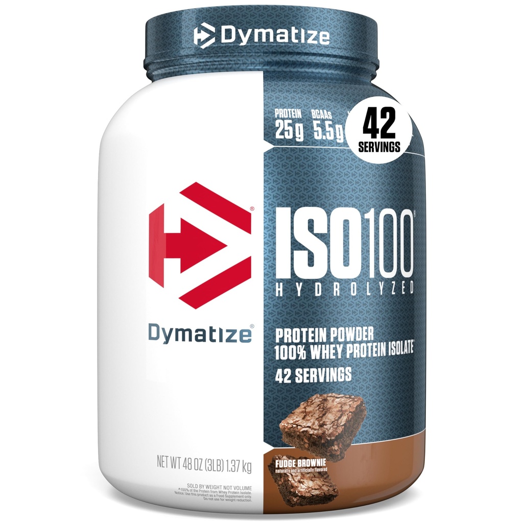 Dymatize ISO100 Whey Protein Powder Isolate, Fudge Brownie, 25g de Protein, 3 libras, 5.5g BCAAs, Menos Than 120 Cal., Gluten Free, 1g Fat, 1g Sugar, 2g Carb (42 Servings)