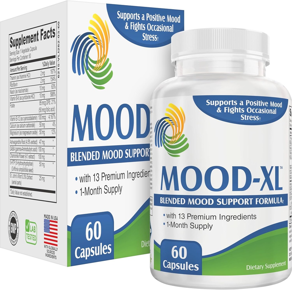 Mood-XL: 30-Day Mood Support Supplement (All-in-1 Blend) with 13 Active Ingredients ← Healthy Mood Supplements " Vitamins TEN 1-Month Supply ANTE 60 Capsules
