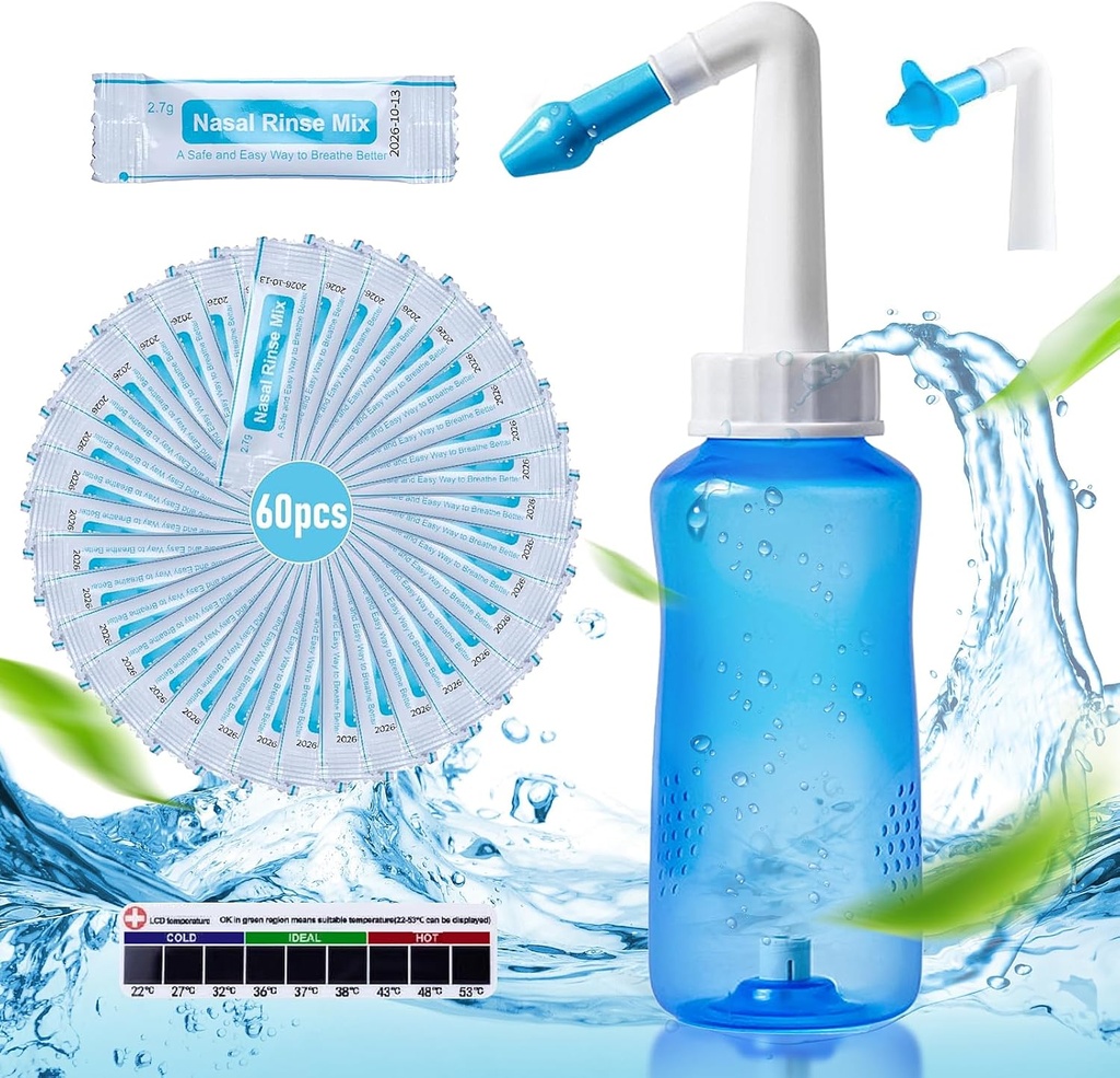 Neti Pot Sinus Rinse Bottle Nose Wash Cleaner Presión Rinse Nasal Irrigación con 60 Nasal Wash Saline Packets &amp; 300 ML Neti Bottle Refill Kit Idea y Sticker Thermometer for Adult & Kid (Blue)