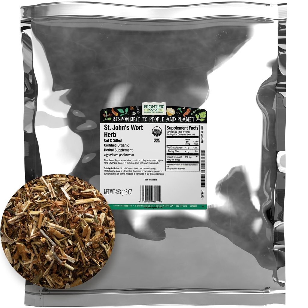 Frontier Co-Op Corte Orgánica y Sifted Saint John's Wort Herb 1lb - Herb seco para St Johns Wort Té Or Diy Capsules, Aceite, Tintura, Suplemento