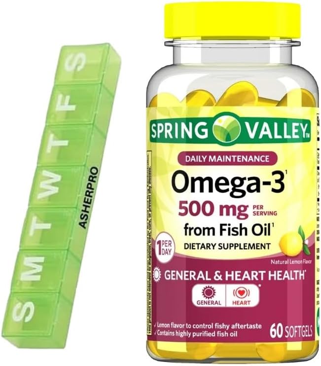 Spring Valley Omega-3 Fish Oil, 500mg, Omega 3 Fish Oil, Fish Oil Omega 3 Suplementos, Omega3, Omega 3 Fatty Acid Suplementos, Fish Oil Supplements,= 60 Conde + Pill Organizer