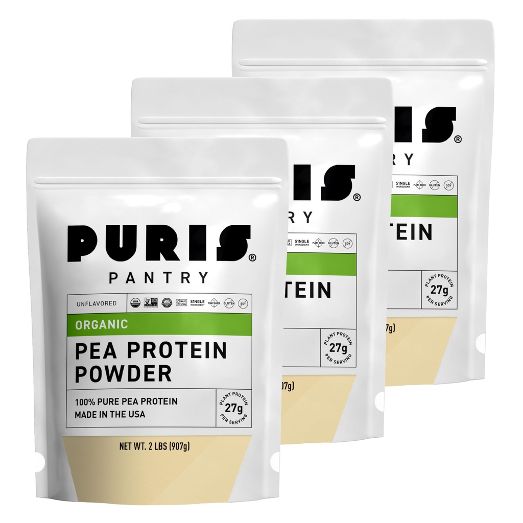 PURIS Orgánica Pea Protein Powder – USDA Orgánica Vegan Protein  27g Plant Protein Por Serving ← No Gluten-Free Soy-Free ← Clean Label Silenciosa Prueba Silenciosa 3 lb (3 Pack)