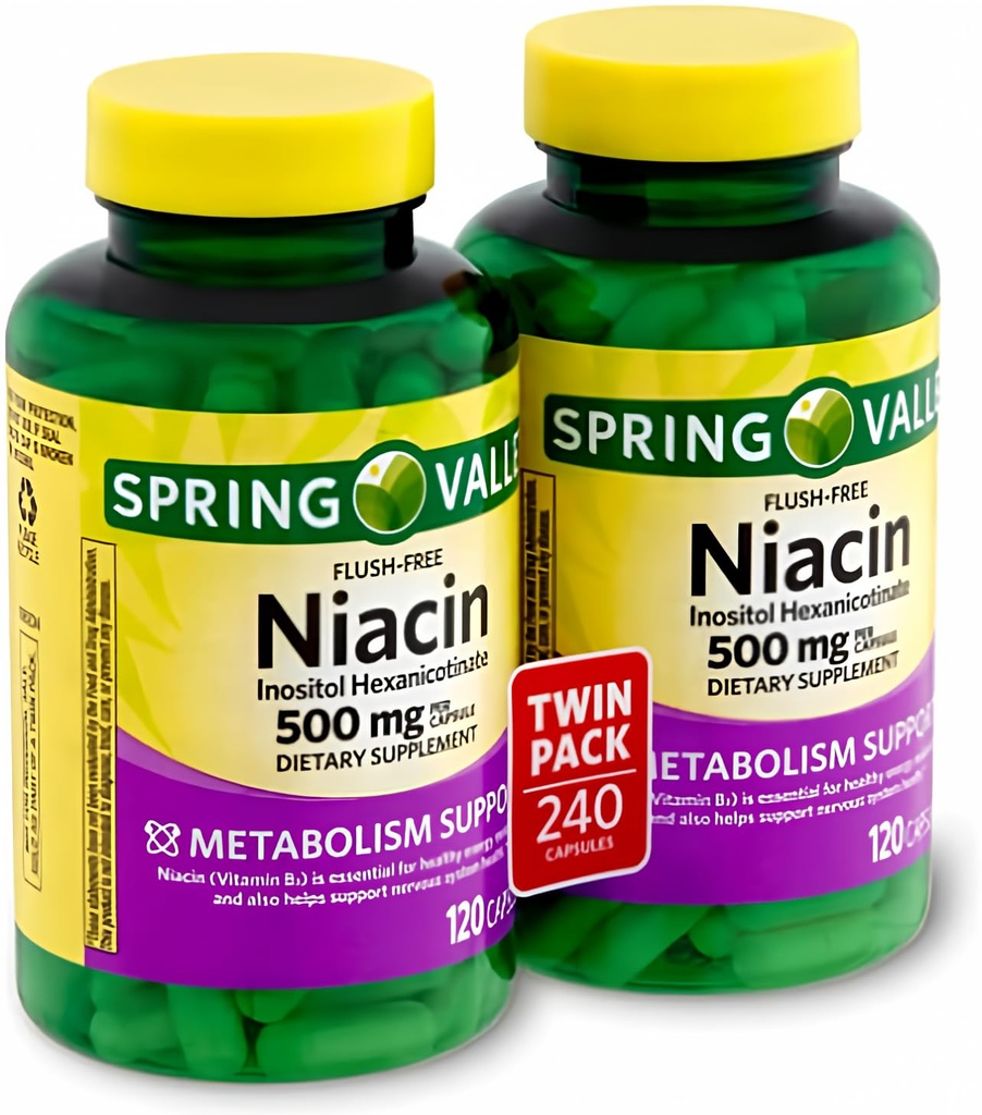 Spring Valley - Flush Free Niacin (B-3) 500 mg, 240 cápsulas (2 botellas de 120)