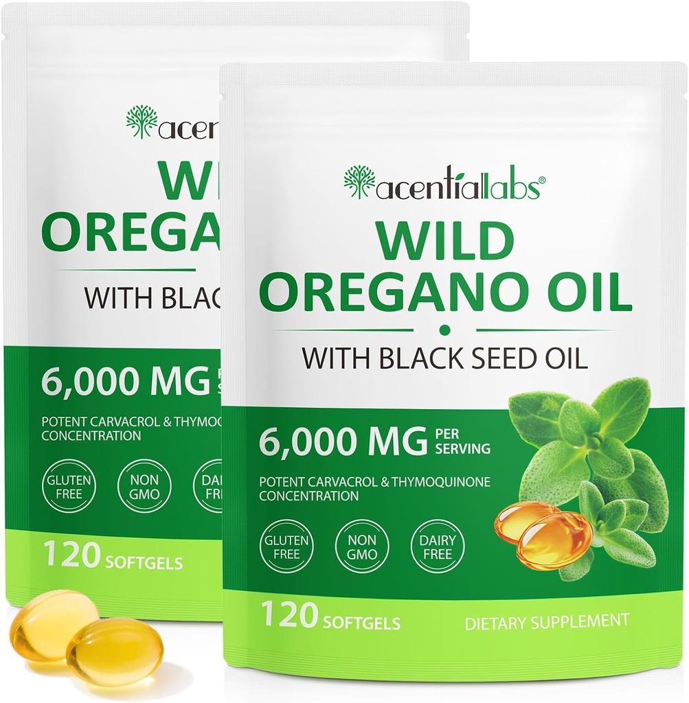 Oil of Oregano Softgels 6000mg 2 Pack, 2 in 1 Formulado con Black Seed Oil 120 Cuenta, Oregano Oil Capsules Organic, Gluten Free Oil of Oregano Softgels, Non-GMO & Immune Support