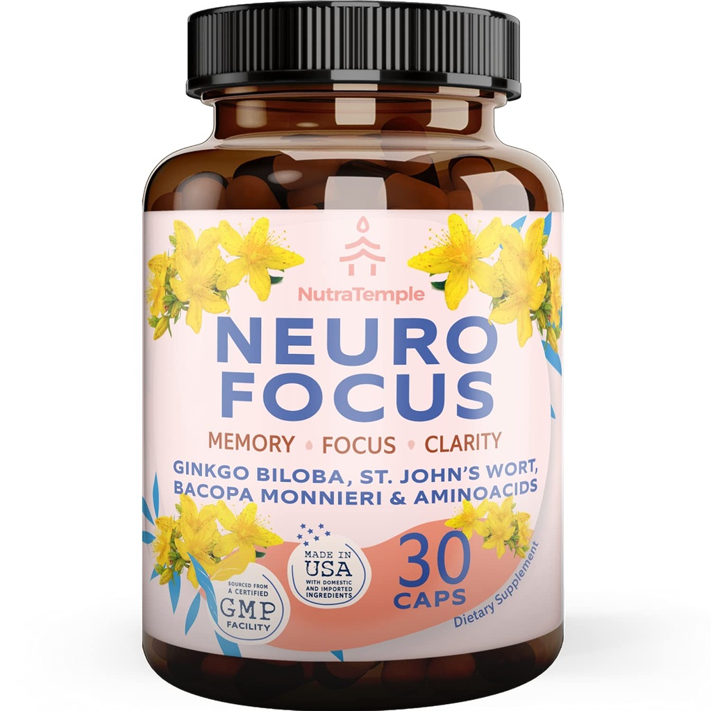 Brain Booster Gingko Biloba Suplemento - Nootropics for Mind, Focus, Memory, Clarity with Bacopa Monnieri, St. Johns Wort - 30 Brain Food Capsules