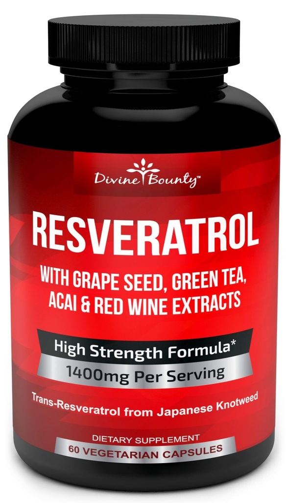 Suplemento de Resveratrol - 1400mg Fórmula de Fuerza Extra con Grape Seed Extract, Green Tea Extract, Red Wine Extract - 60 cápsulas de verduras