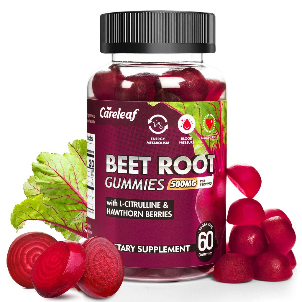Sugar Free Vegan Beet Root Gummies for Blood Pressure, Beetroot Gummies with L-Citrulline and Hawthorn Extract, Peach Flavor Beet Chews for High Blood Pressure, 60 Count