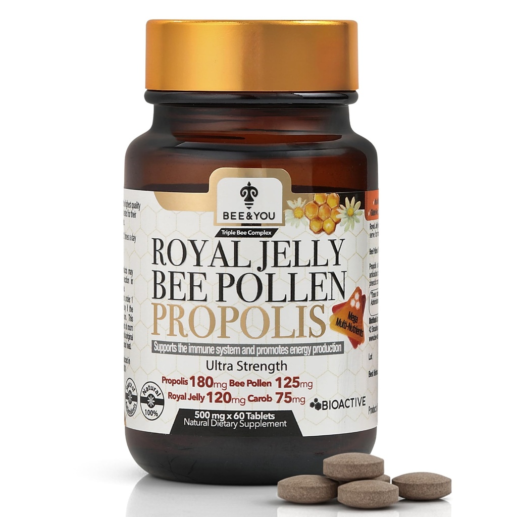 Bee and You Royal Jelly Tablet, Propolis Extract, Bee Pollen, 100% Natural Superfood, Ultra Pure, Immune Support Supplement, Improve Energy, Focus, Antioxidants, Fresh, Keto, Paleo, Gluten-Free ← 60ct