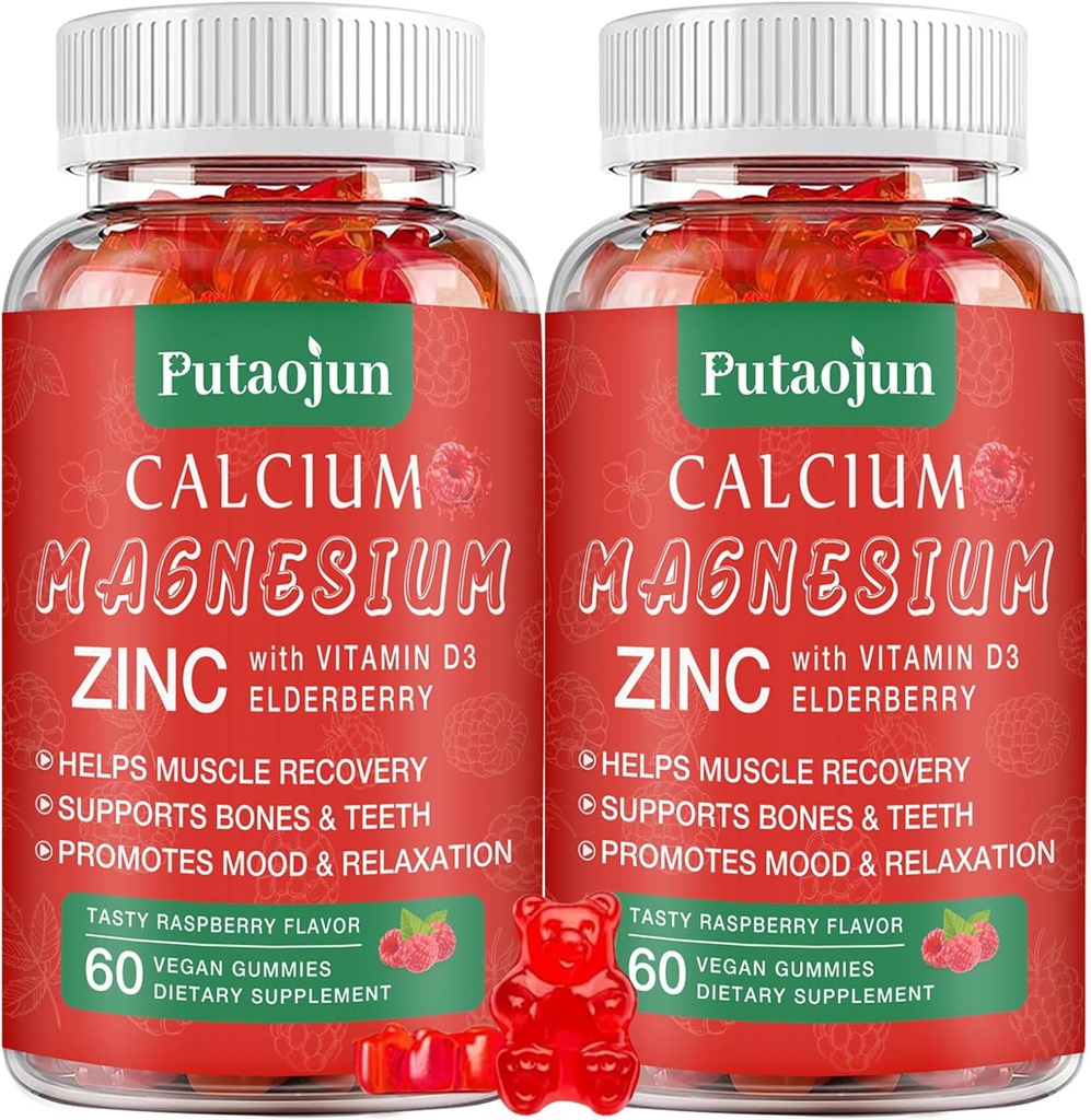 Alta Absorción Calcio Magnesio Zinc Gummies, Azúcar libre Calcio Magnesio Zinc Suplemento con D3  Bone &amp; Teeth Strength ← Muscle & Nerve Función ← Vegan ← Raspberry Flavor ← 2 Pack