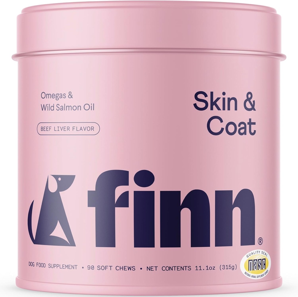 Finn Skin & Coat Salmon Oil Supplement for Dogs | Supports A Thick & Shiny Coat | Fish Oil from Wild Alaskan Salmon, Omega-3s, EPA & DHA, Biotin, & Zinc | 90 Soft Chews
