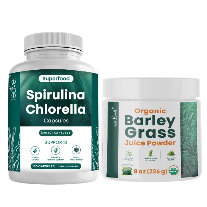 Teaveli Spirulina Chlorella Capsules y Barley Grass Juice Powder Bundle