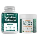 Teaveli Spirulina Chlorella Capsules y Barley Grass Juice Powder Bundle
