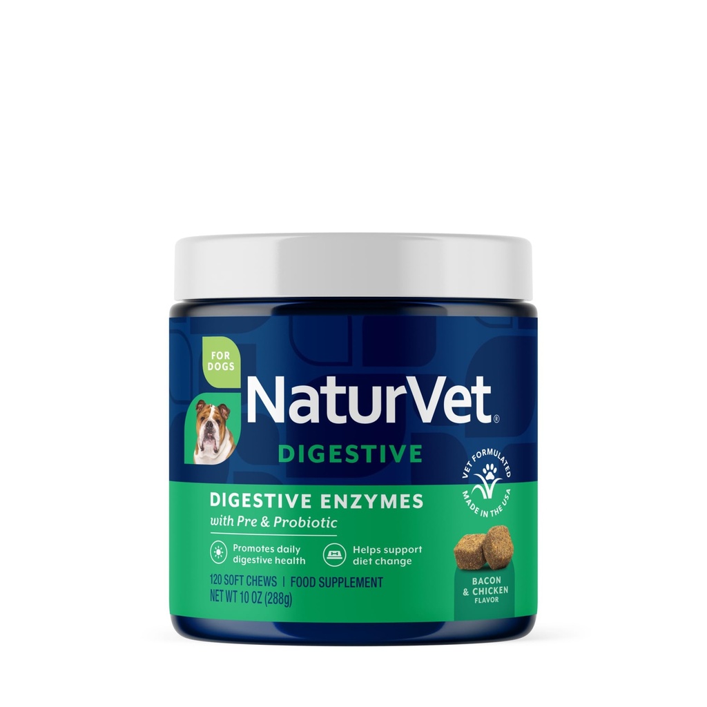 NaturVet – Digestive Enzymes - Plus Probiotics & Prebiotics – Helps Support Diet Change & A Healthy Digestive Tract – for Dogs & Cats (Soft Chews, 120 Count)