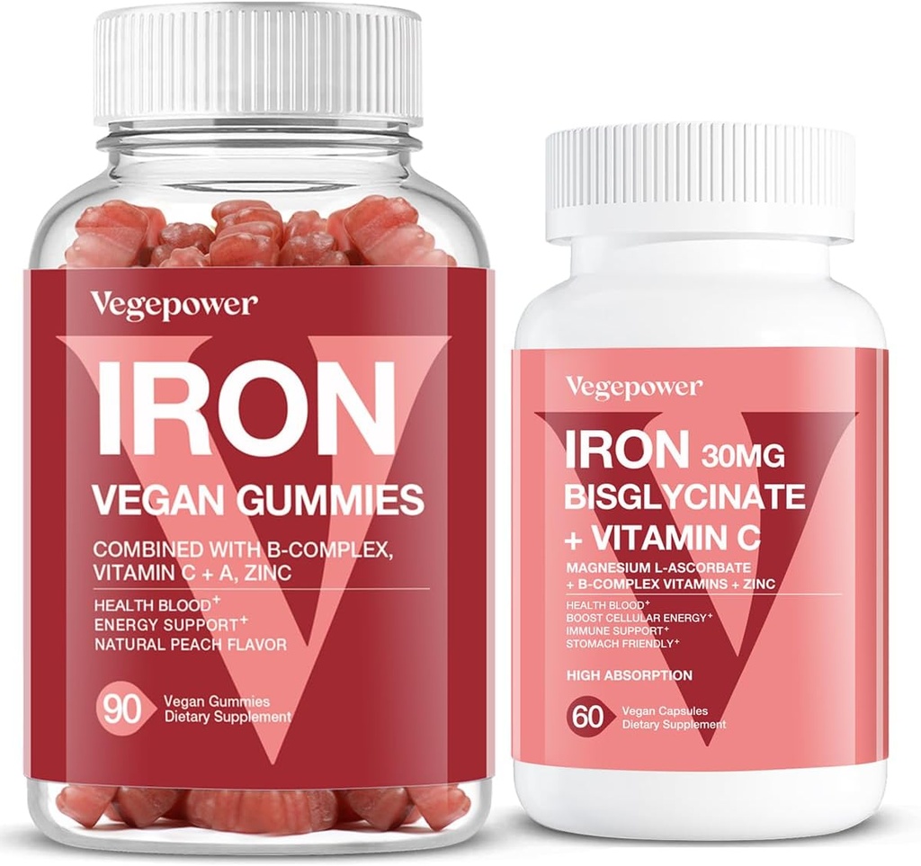 Gummies de hierro vegano + Iron Bisglycinate 30MG ← Vegan Iron Suplemento Apoyo para la Energía Sanitaria y Diaria para Adultos &amp; Niños - 90 Condes+60 Condes