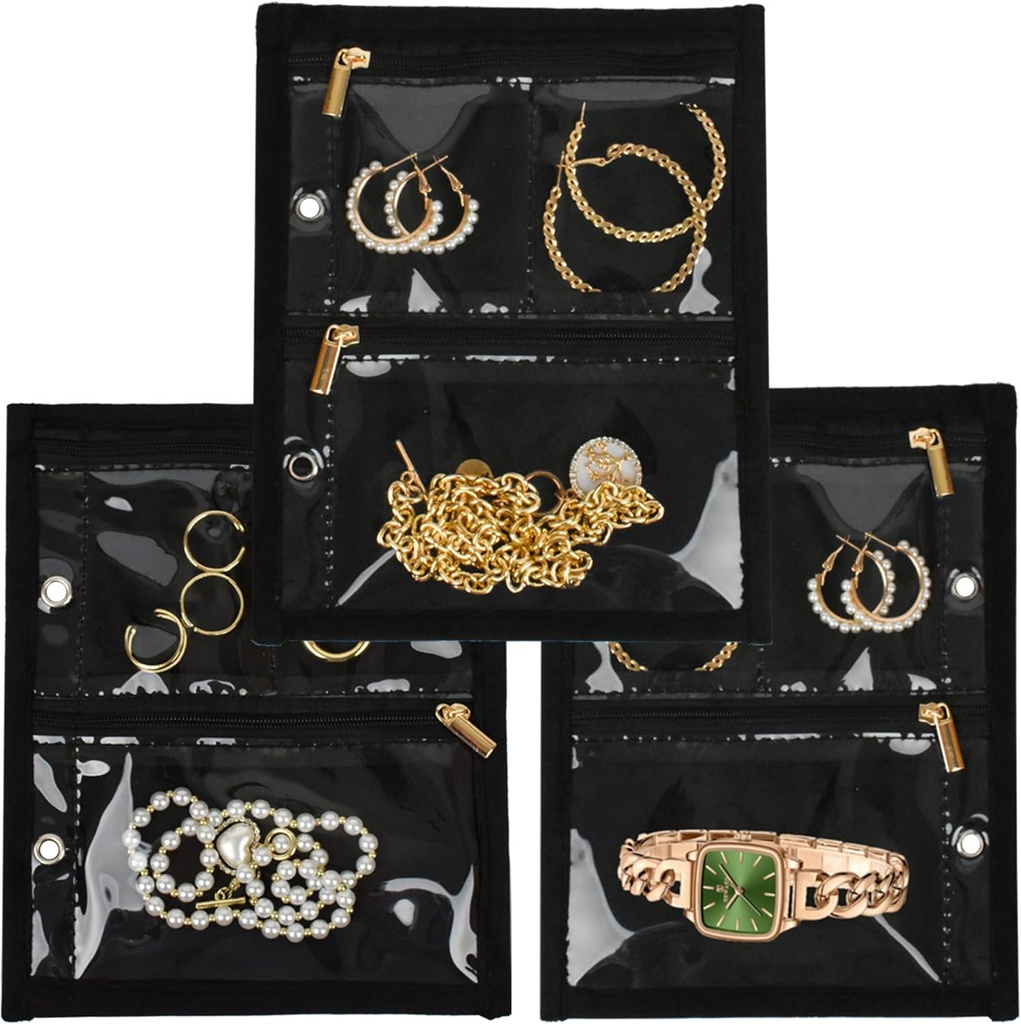 Caja de Organizador de Joyas,Jewelry Bags Jewelry Storage Book Binder with Clear Zipper Velvet Pouch for Traveling,Earrings, Rings, Collar, Pulsera (Inner Pages, 3 PCS)