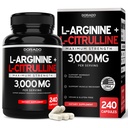 L Arginine L Citrulline Suplemento 3000mg (240 cápsulas) Píldoras de óxido nítrico para hombres - resistencia, resistencia, rendimiento para ejercicios - NO suplementos para hombres - Gluten libre, no GMO, cápsulas Vegan